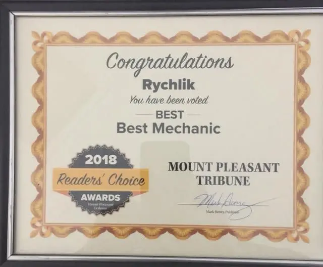 2018 Mount Pleasant Tribune Readers' Choice Best Mechanic certificate